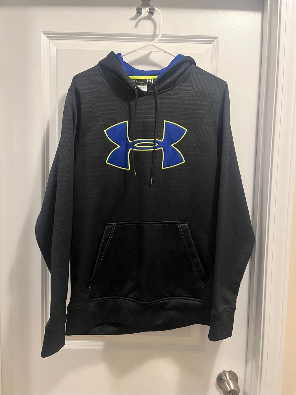 Under Armour Men’s Black Hoodie with Blue Logo and Yellow Trim Medium